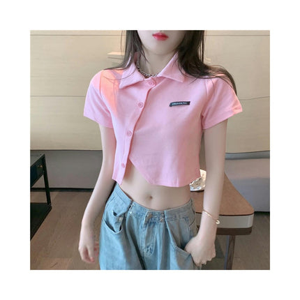 Women's Short Sleeve Polo Shirts Asymmetrical Hem Button Up Crop Tops