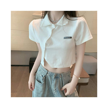 Women's Short Sleeve Polo Shirts Asymmetrical Hem Button Up Crop Tops