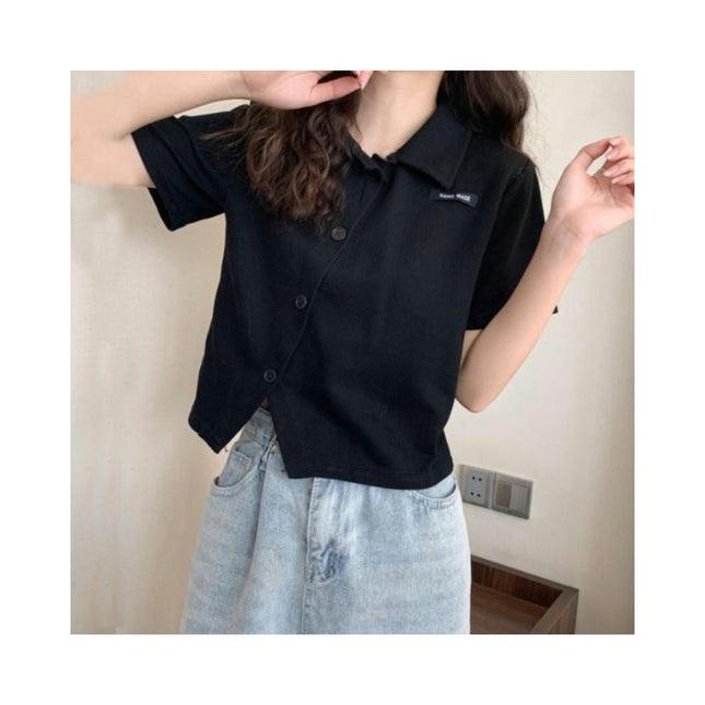 Women's Short Sleeve Polo Shirts Asymmetrical Hem Button Up Crop Tops