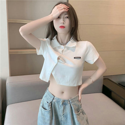 Women's Short Sleeve Polo Shirts Asymmetrical Hem Button Up Crop Tops