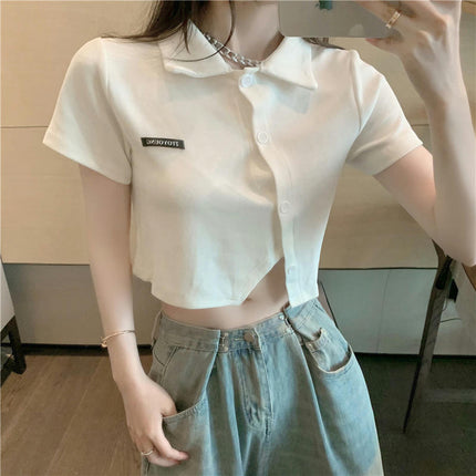 Women's Short Sleeve Polo Shirts Asymmetrical Hem Button Up Crop Tops