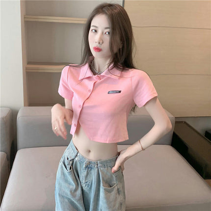 Women's Short Sleeve Polo Shirts Asymmetrical Hem Button Up Crop Tops