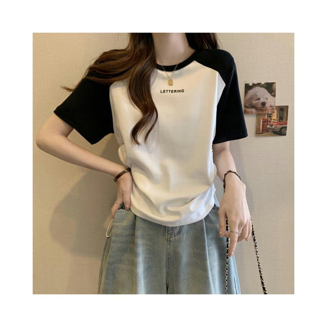 Women's Crewneck T-shirts Short Sleeve Color Block Drawstring Tops