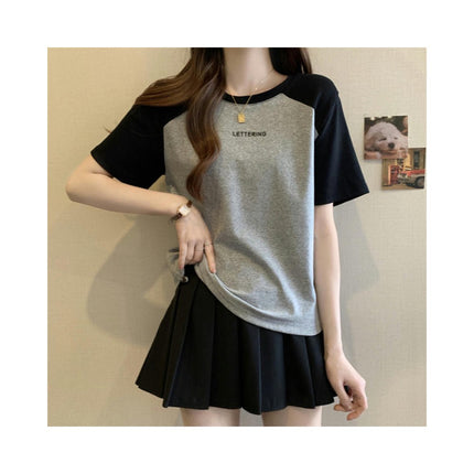 Women's Crewneck T-shirts Short Sleeve Color Block Drawstring Tops