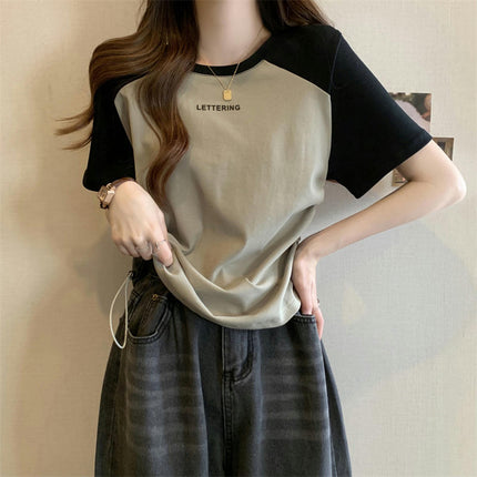 Women's Crewneck T-shirts Short Sleeve Color Block Drawstring Tops