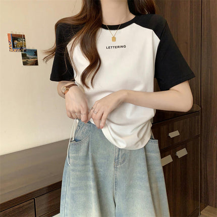 Women's Crewneck T-shirts Short Sleeve Color Block Drawstring Tops