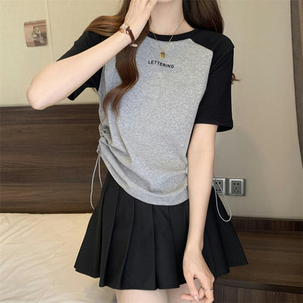 Women's Crewneck T-shirts Short Sleeve Color Block Drawstring Tops