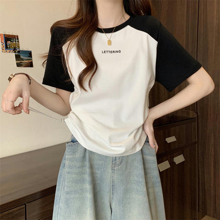 Women's Crewneck T-shirts Short Sleeve Color Block Drawstring Tops