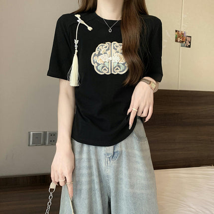 Women's Summer Crewneck T-shirts Short Sleeve Ruched Embroidery Tops