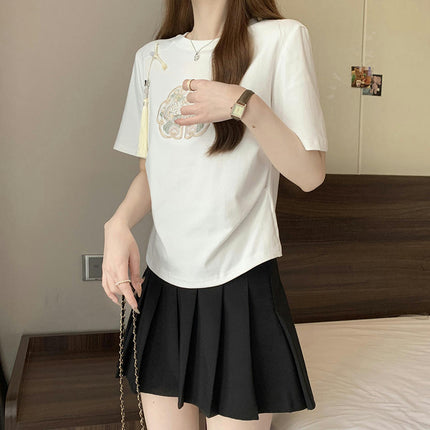 Women's Summer Crewneck T-shirts Short Sleeve Ruched Embroidery Tops