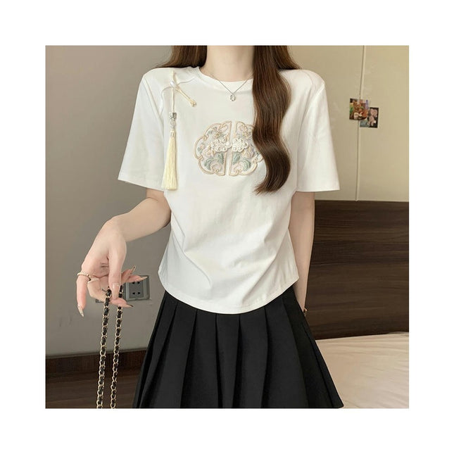 Women's Summer Crewneck T-shirts Short Sleeve Ruched Embroidery Tops