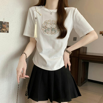 Women's Summer Crewneck T-shirts Short Sleeve Ruched Embroidery Tops