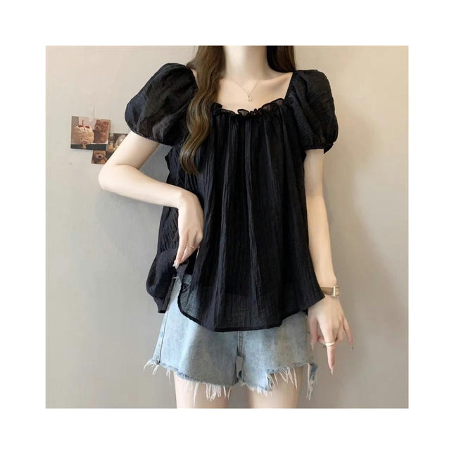 Women's Casual Square Neck Pleated Tops Short Sleeve Loose Fit Flowy Blouses