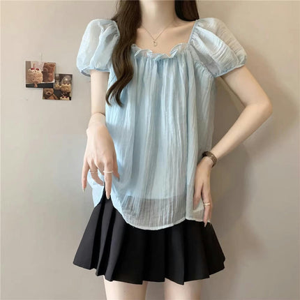 Women's Casual Square Neck Pleated Tops Short Sleeve Loose Fit Flowy Blouses