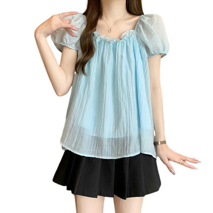 Women's Casual Square Neck Pleated Tops Short Sleeve Loose Fit Flowy Blouses