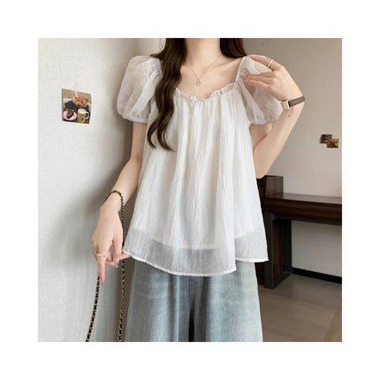 Women's Casual Square Neck Pleated Tops Short Sleeve Loose Fit Flowy Blouses