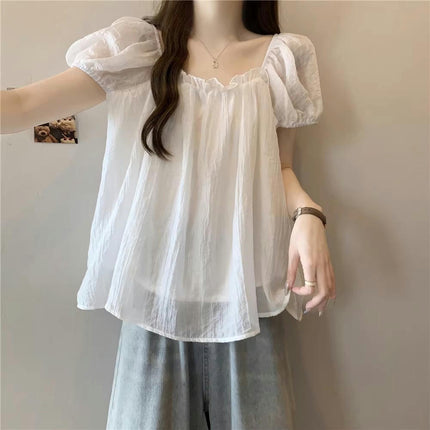 Women's Casual Square Neck Pleated Tops Short Sleeve Loose Fit Flowy Blouses