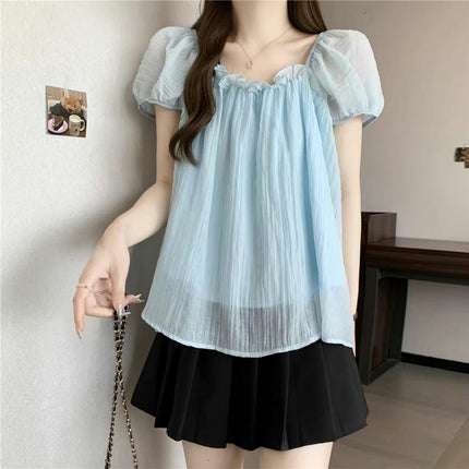 Women's Casual Square Neck Pleated Tops Short Sleeve Loose Fit Flowy Blouses