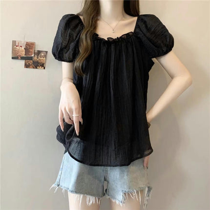 Women's Casual Square Neck Pleated Tops Short Sleeve Loose Fit Flowy Blouses