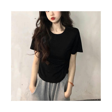 Womens Round Neck Short Sleeve Crop Top Slim Fit Ruched Summer T Shirts