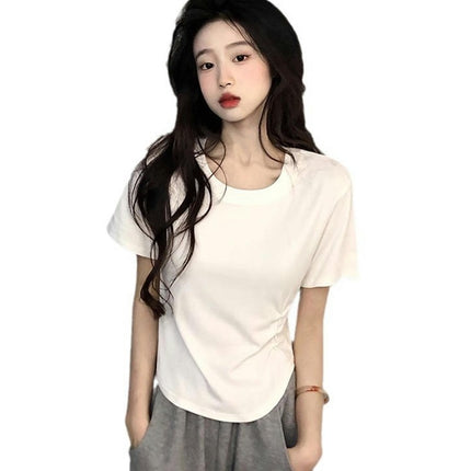 Womens Round Neck Short Sleeve Crop Top Slim Fit Ruched Summer T Shirts