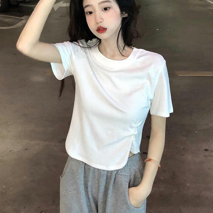 Womens Round Neck Short Sleeve Crop Top Slim Fit Ruched Summer T Shirts