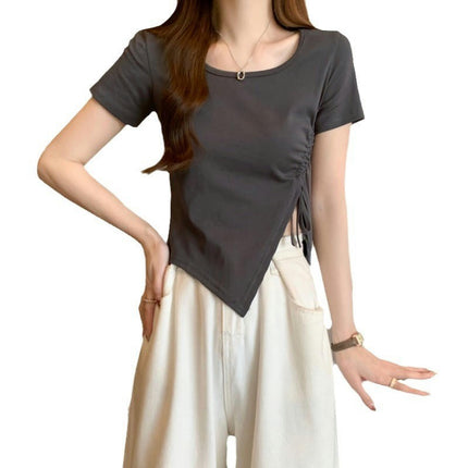 Women's Drawstring Asymmetrical Hem Round Neck Tee Shirt Slim Fit Short Sleeve Crop Tops