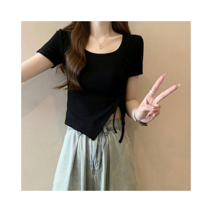 Women's Drawstring Asymmetrical Hem Round Neck Tee Shirt Slim Fit Short Sleeve Crop Tops