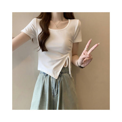 Women's Drawstring Asymmetrical Hem Round Neck Tee Shirt Slim Fit Short Sleeve Crop Tops