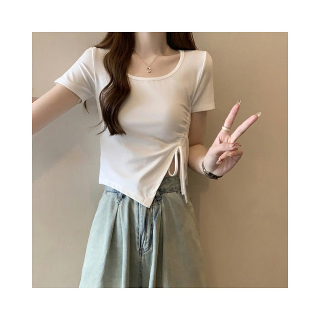 Women's Drawstring Asymmetrical Hem Round Neck Tee Shirt Slim Fit Short Sleeve Crop Tops