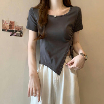 Women's Drawstring Asymmetrical Hem Round Neck Tee Shirt Slim Fit Short Sleeve Crop Tops