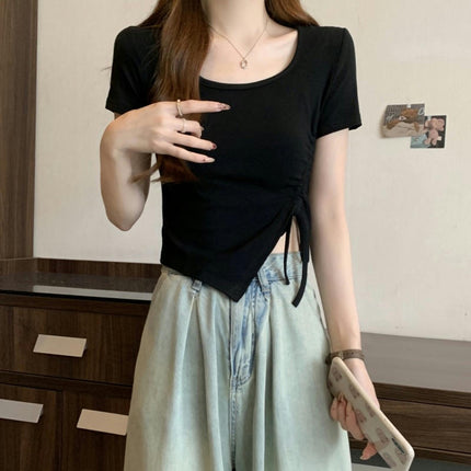 Women's Drawstring Asymmetrical Hem Round Neck Tee Shirt Slim Fit Short Sleeve Crop Tops