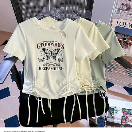 Women's Round Neck Tee Shirt Slim Fit Short Sleeve Drawstring Crop Tops