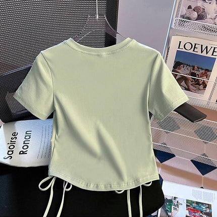 Women's Round Neck Tee Shirt Slim Fit Short Sleeve Drawstring Crop Tops