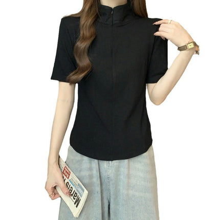 Women's Summer Short Sleeve Shirt Zip Stand Collar Slim Fit Crop Tops