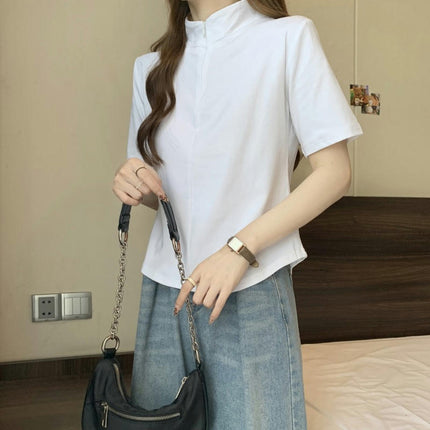 Women's Summer Short Sleeve Shirt Zip Stand Collar Slim Fit Crop Tops