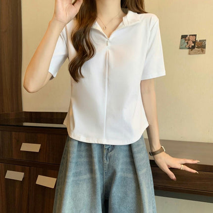 Women's Summer Short Sleeve Shirt Zip Stand Collar Slim Fit Crop Tops