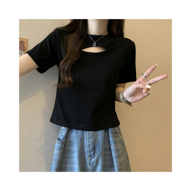 Women's Cut Out Round Neck Tee Shirt Slim Fit Short Sleeve Crop Tops