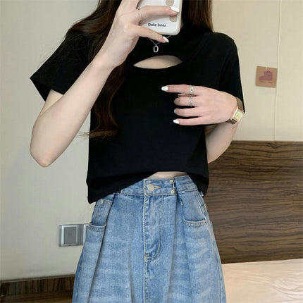 Women's Cut Out Round Neck Tee Shirt Slim Fit Short Sleeve Crop Tops