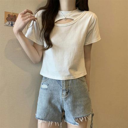 Women's Cut Out Round Neck Tee Shirt Slim Fit Short Sleeve Crop Tops