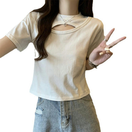 Women's Cut Out Round Neck Tee Shirt Slim Fit Short Sleeve Crop Tops