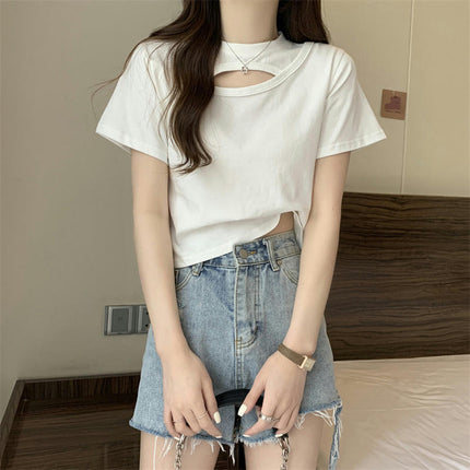 Women's Cut Out Round Neck Tee Shirt Slim Fit Short Sleeve Crop Tops