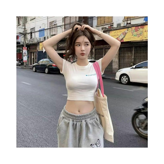 Women Crew Neck  Fitted Tight T Shirt  Short Sleeve Shirt Basic Crop Top