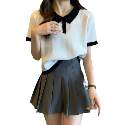 Women's Short Sleeve Collar Neck Polo Shirts Colorblock Crop Top Shirt