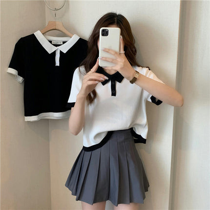 Women's Short Sleeve Collar Neck Polo Shirts Colorblock Crop Top Shirt