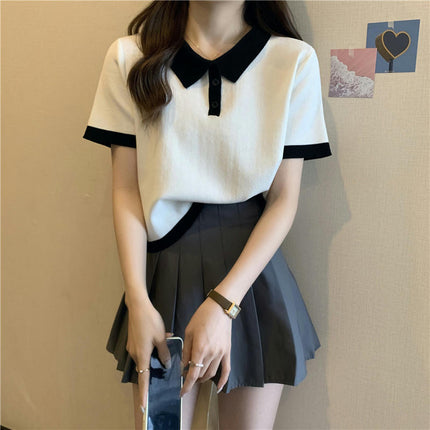 Women's Short Sleeve Collar Neck Polo Shirts Colorblock Crop Top Shirt