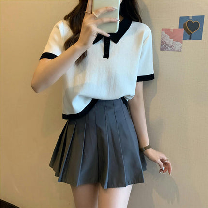 Women's Short Sleeve Collar Neck Polo Shirts Colorblock Crop Top Shirt