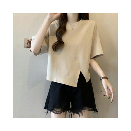 Women's Round Neck Tee Shirt Short Sleeve Slit Asymmetrical Hem Crop Tops