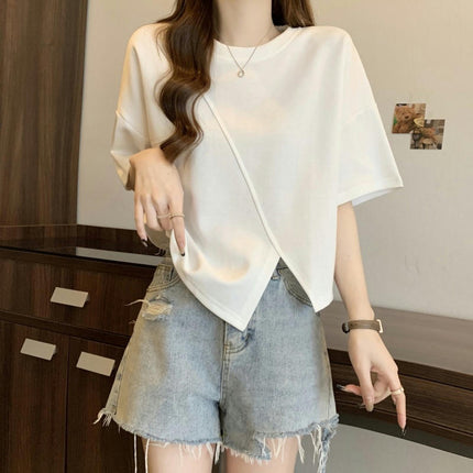 Women's Round Neck Tee Shirt Short Sleeve Slit Asymmetrical Hem Crop Tops