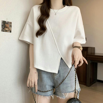 Women's Round Neck Tee Shirt Short Sleeve Slit Asymmetrical Hem Crop Tops